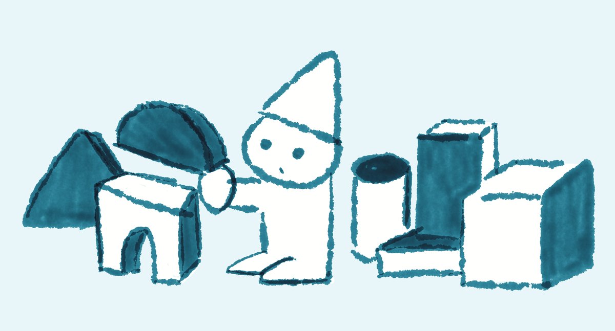 つくる前に積み木を虫めがねで確かめる人の手描きイラスト